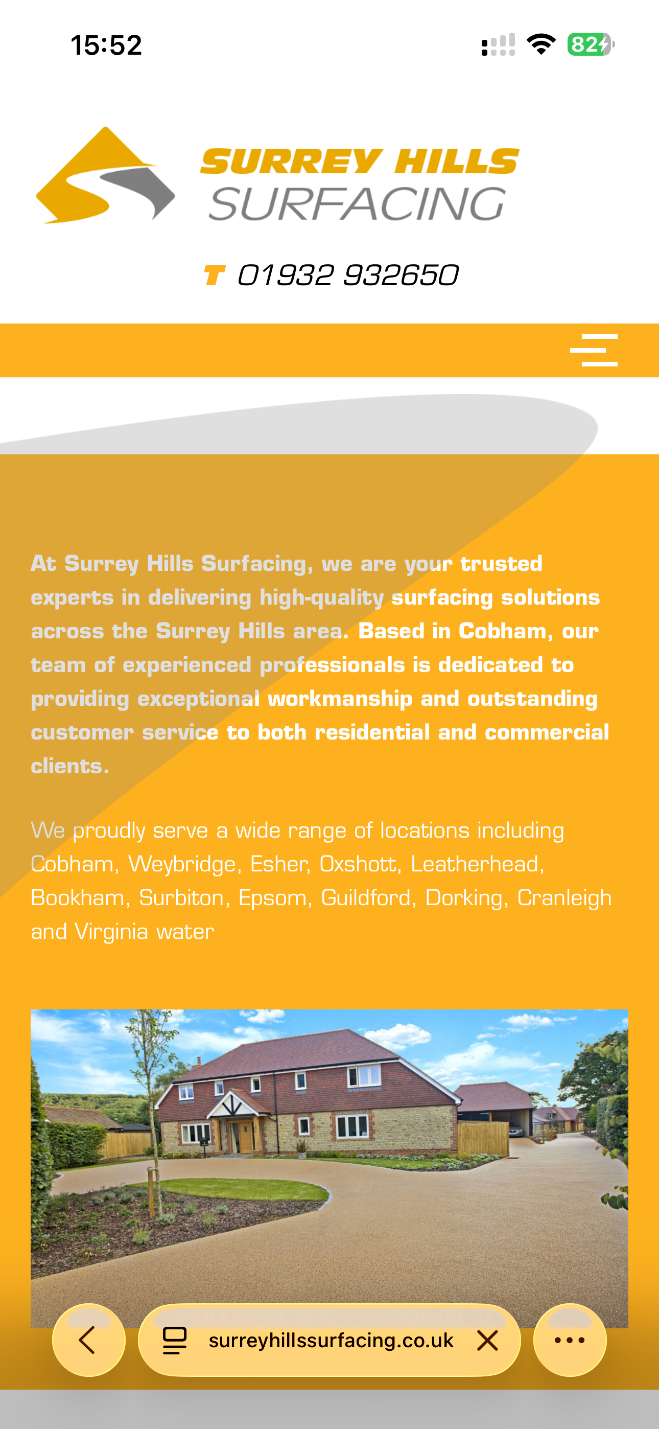 Surrey Hills Surfacing website on mobile