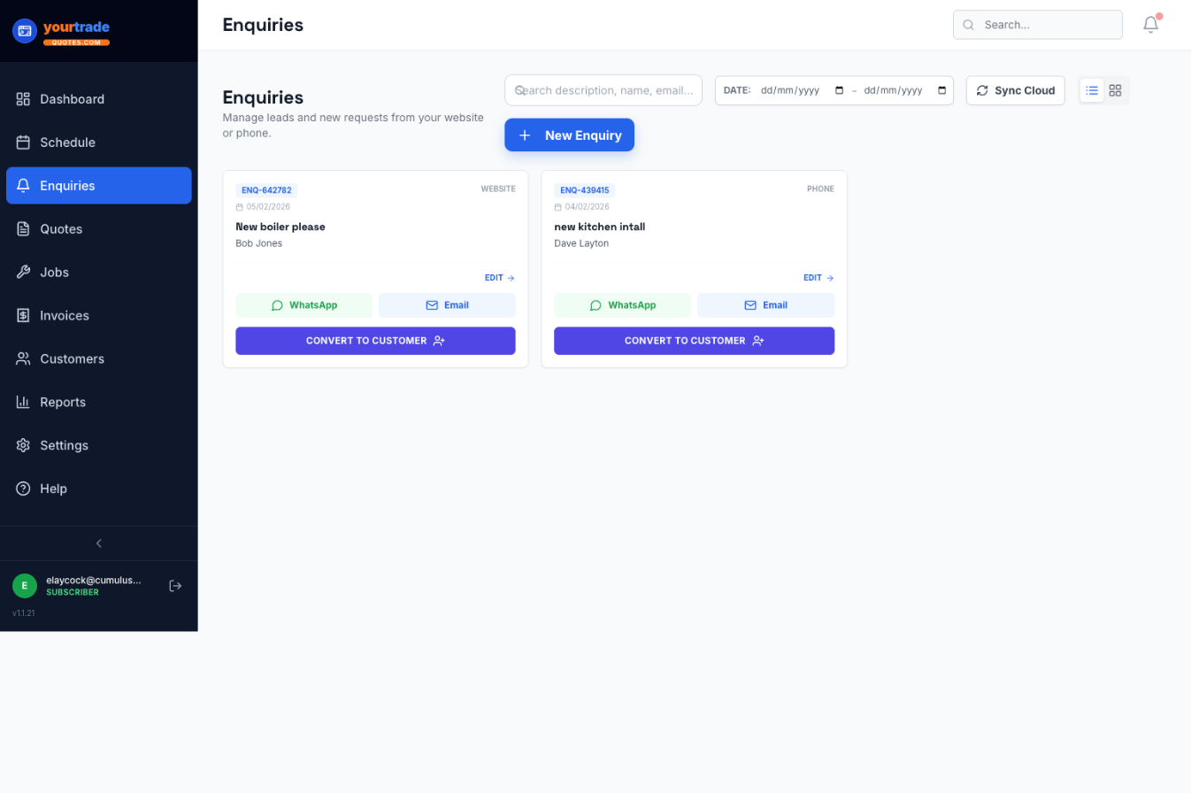 Builders enquiries and customer records on desktop