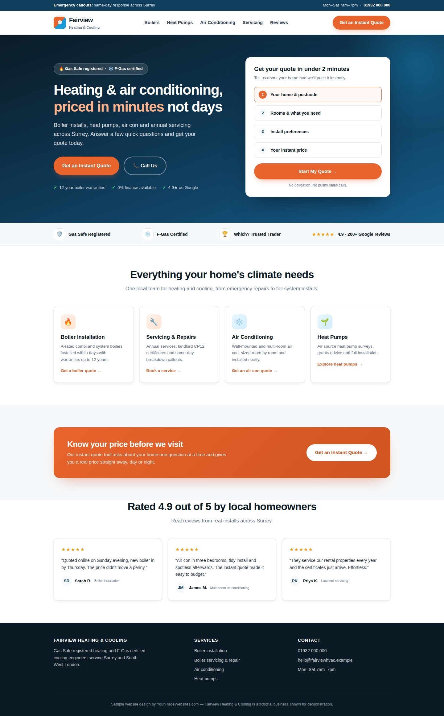 Sample HVAC website design on desktop, full page with instant quote panel, services and reviews