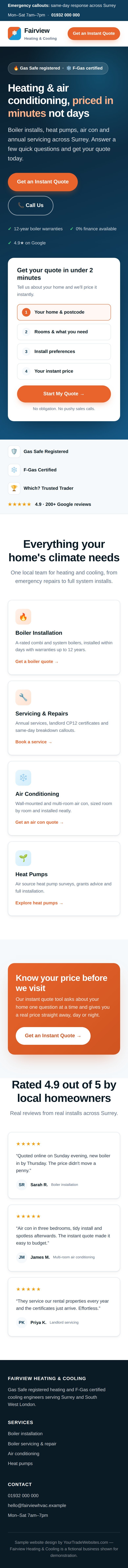 Sample HVAC website design on mobile, full page